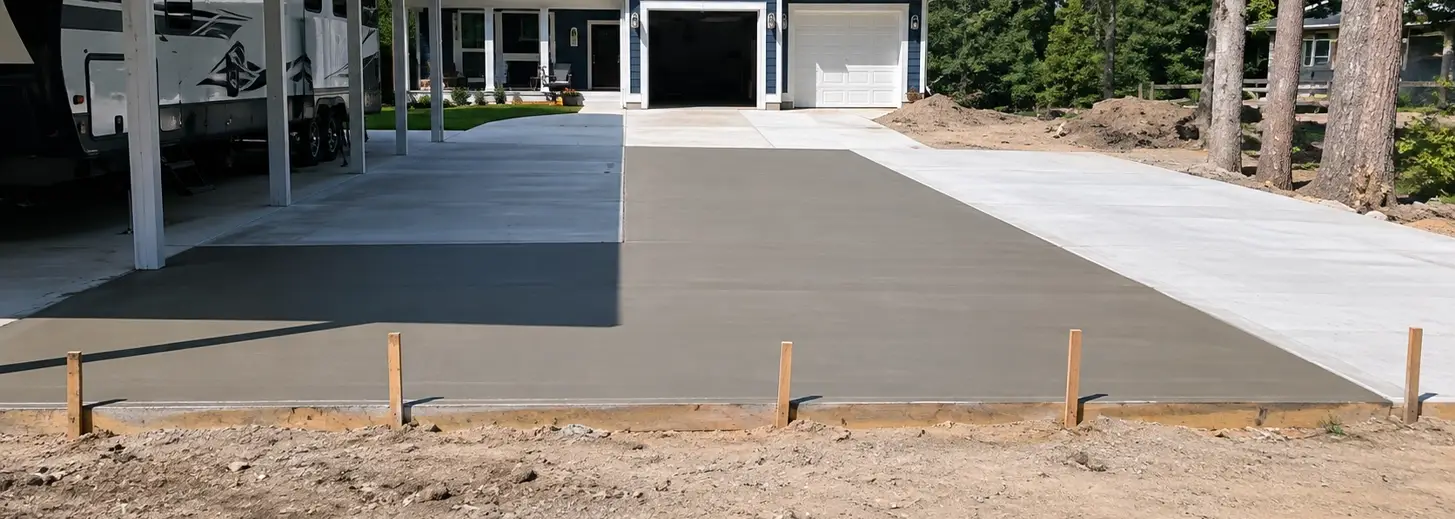 Newly Installed Concrete Driveway in Front of a Residential Garage