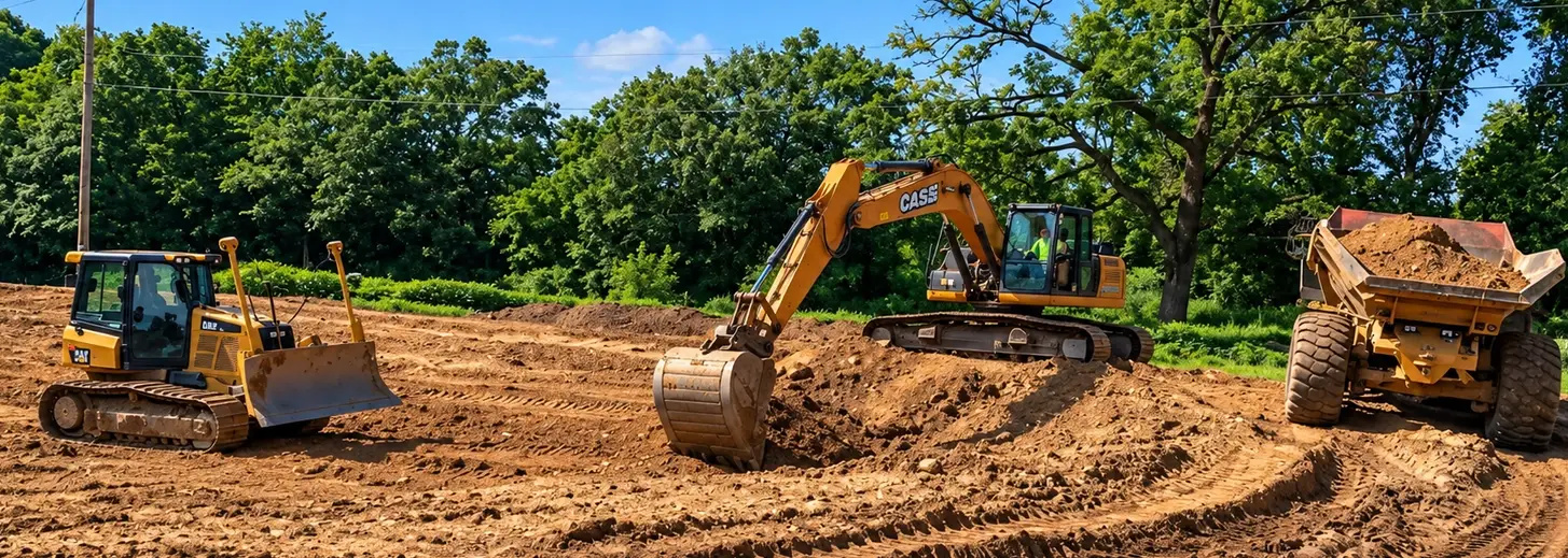 Excavator and Bulldozer Working on Land Clearing Services in Forested Area