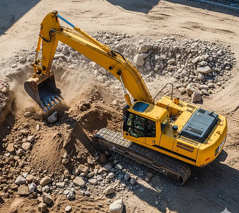 Yellow Excavator Moving Rocks on Construction Site for Excavation Services