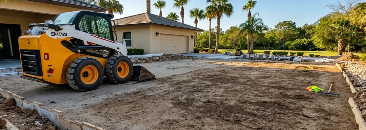 Construction Site with Excavation Equipment Preparing Ground near Residential Area