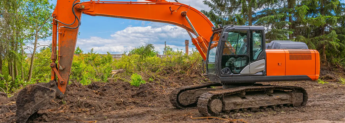 Orange Excavator Clearing Land Surrounded by Green Trees and Sky