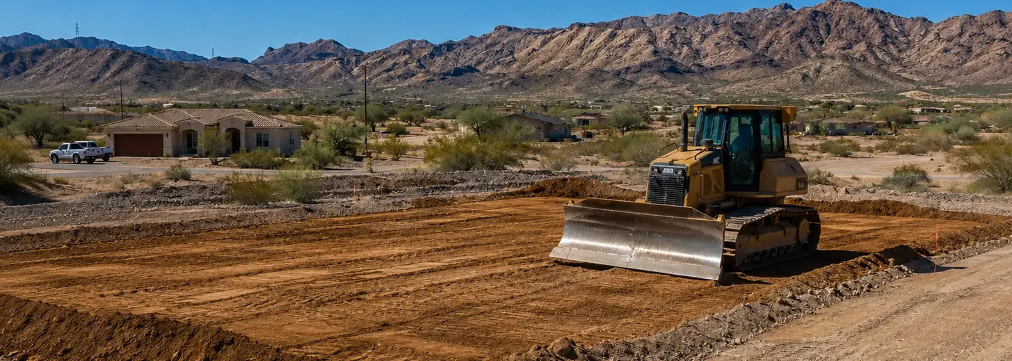 Bulldozer Leveling Ground in Desert Landscape for Excavation Services